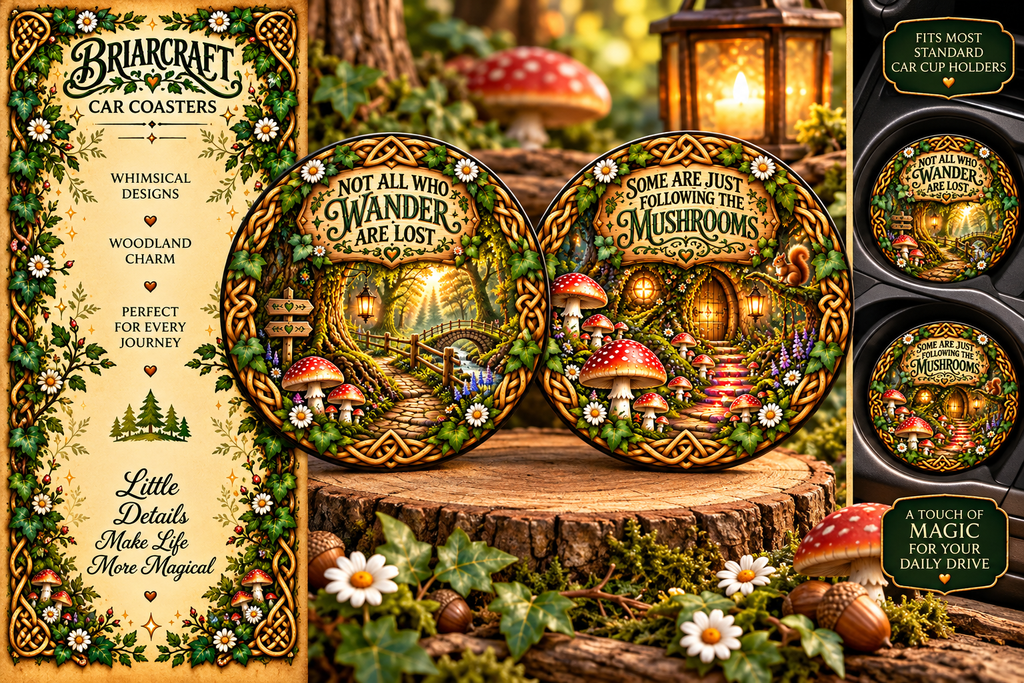 Not All Who Wander Are Lost – Enchanted Mushroom Woodland Car Coasters